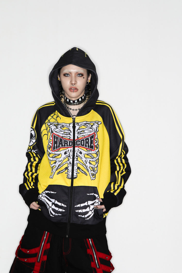 DeadEndKids Hardcore Generation skeleton zip-up hoodie — modeled front, hood down