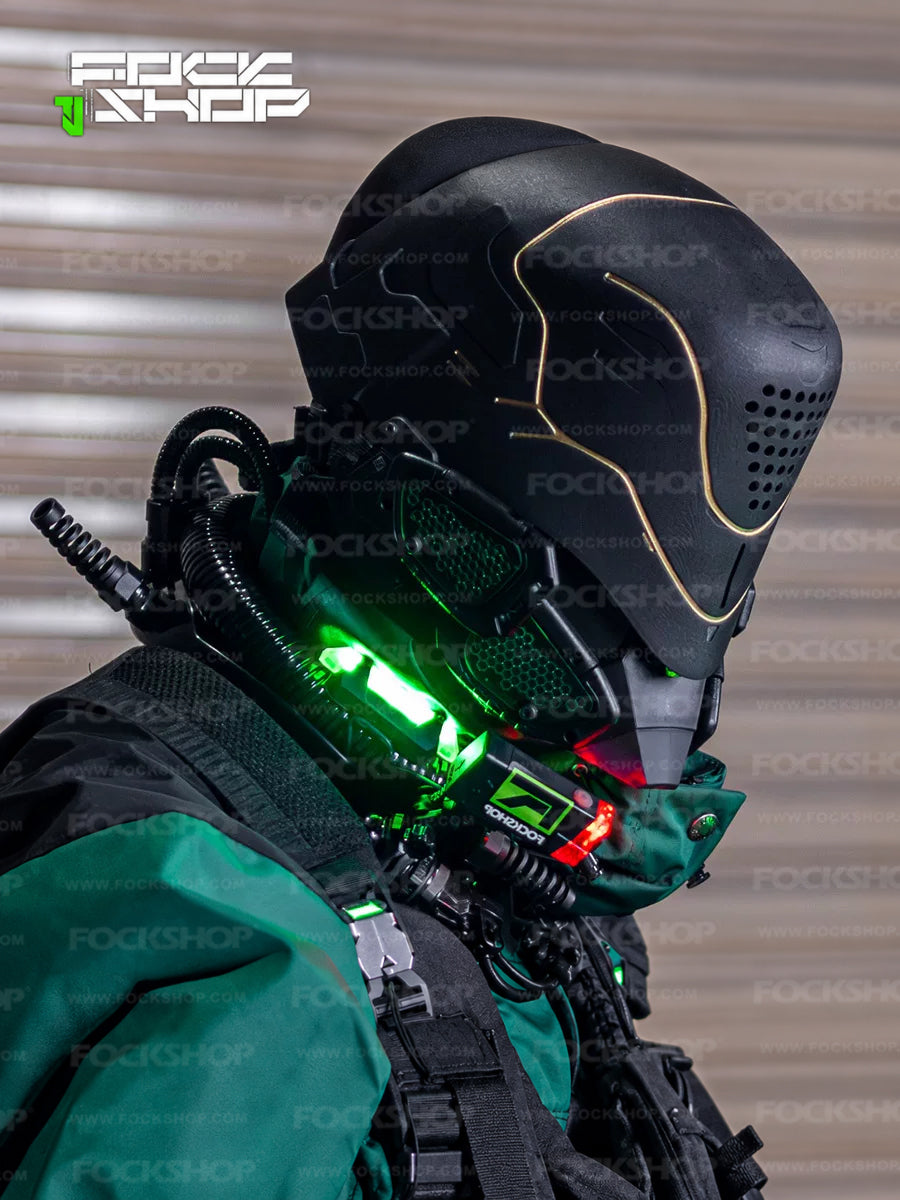 FOCKSHOP PROPHECY illuminated cyber mask — close side modeled view of the gold-line black shell and green illuminated panels