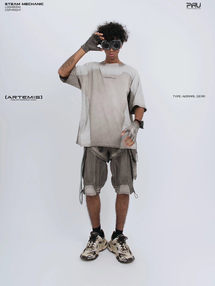 STARCORE moonbeam white velcro mesh tee — front modeled view with hand raised to goggles