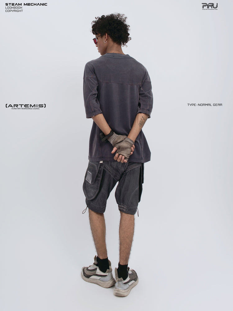 LIGHTSHADOW spirit deconstructed technical tee — full-length rear three-quarter view with clasped hands