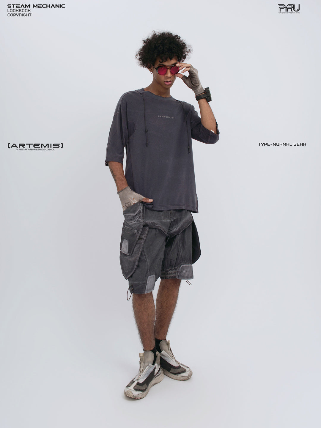 LIGHTSHADOW spirit deconstructed technical tee — full-length front modeled view adjusting sunglasses