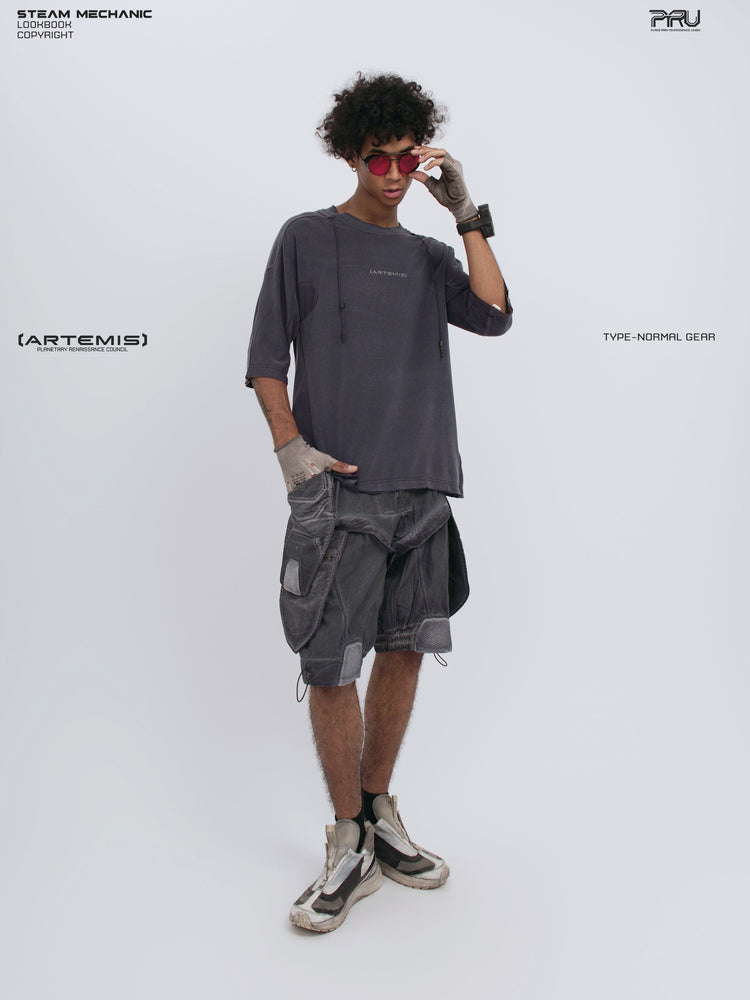 LIGHTSHADOW spirit deconstructed technical tee — full-length front modeled view adjusting sunglasses