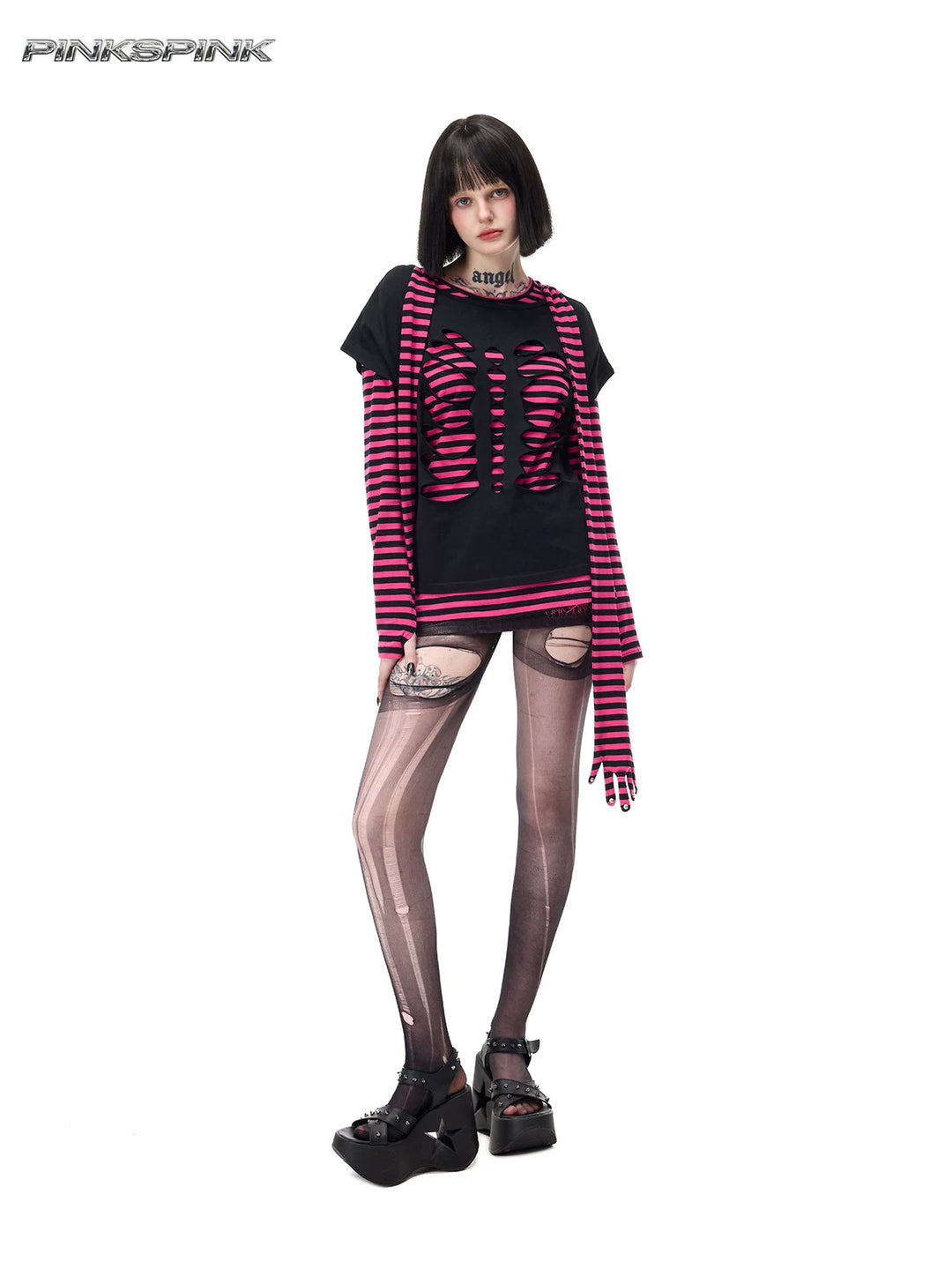 PINKSPINK GHOSTHAND striped glove-sleeve tee in pink and black — angled full-length modeled view layered beneath a separate black cutout tee