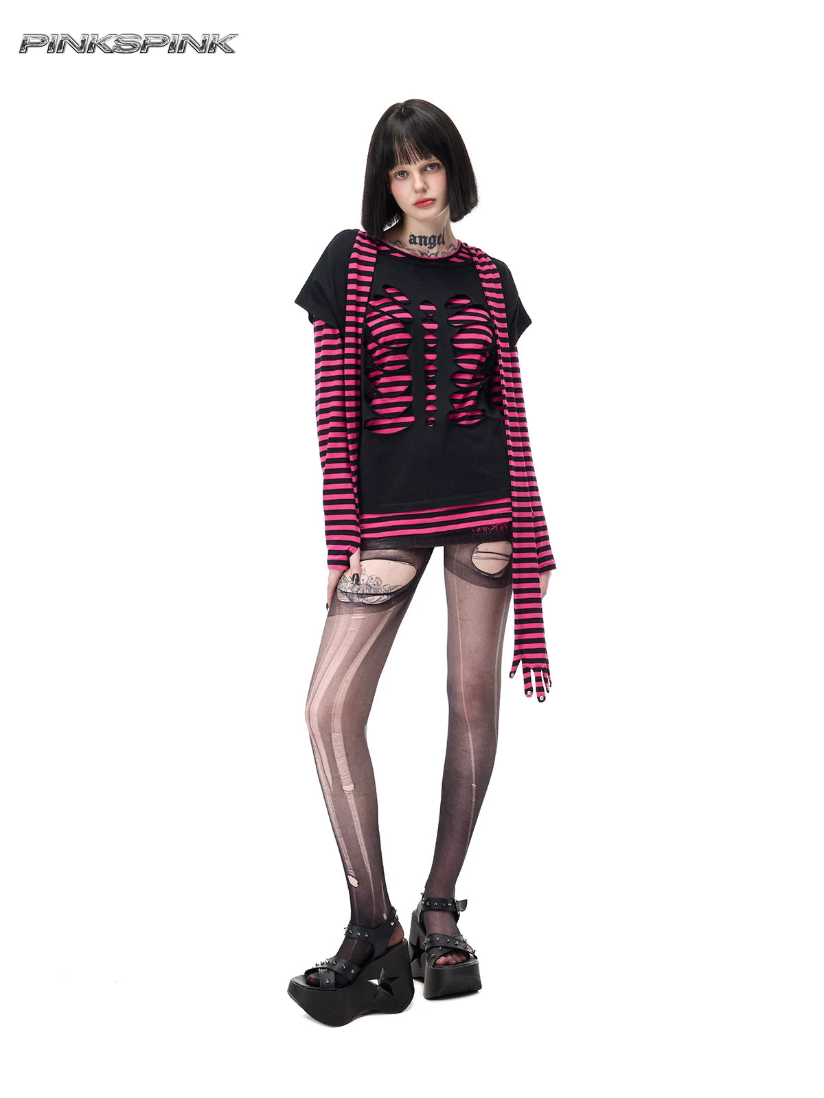 PINKSPINK GHOSTHAND striped glove-sleeve tee in pink and black — angled full-length modeled view layered beneath a separate black cutout tee