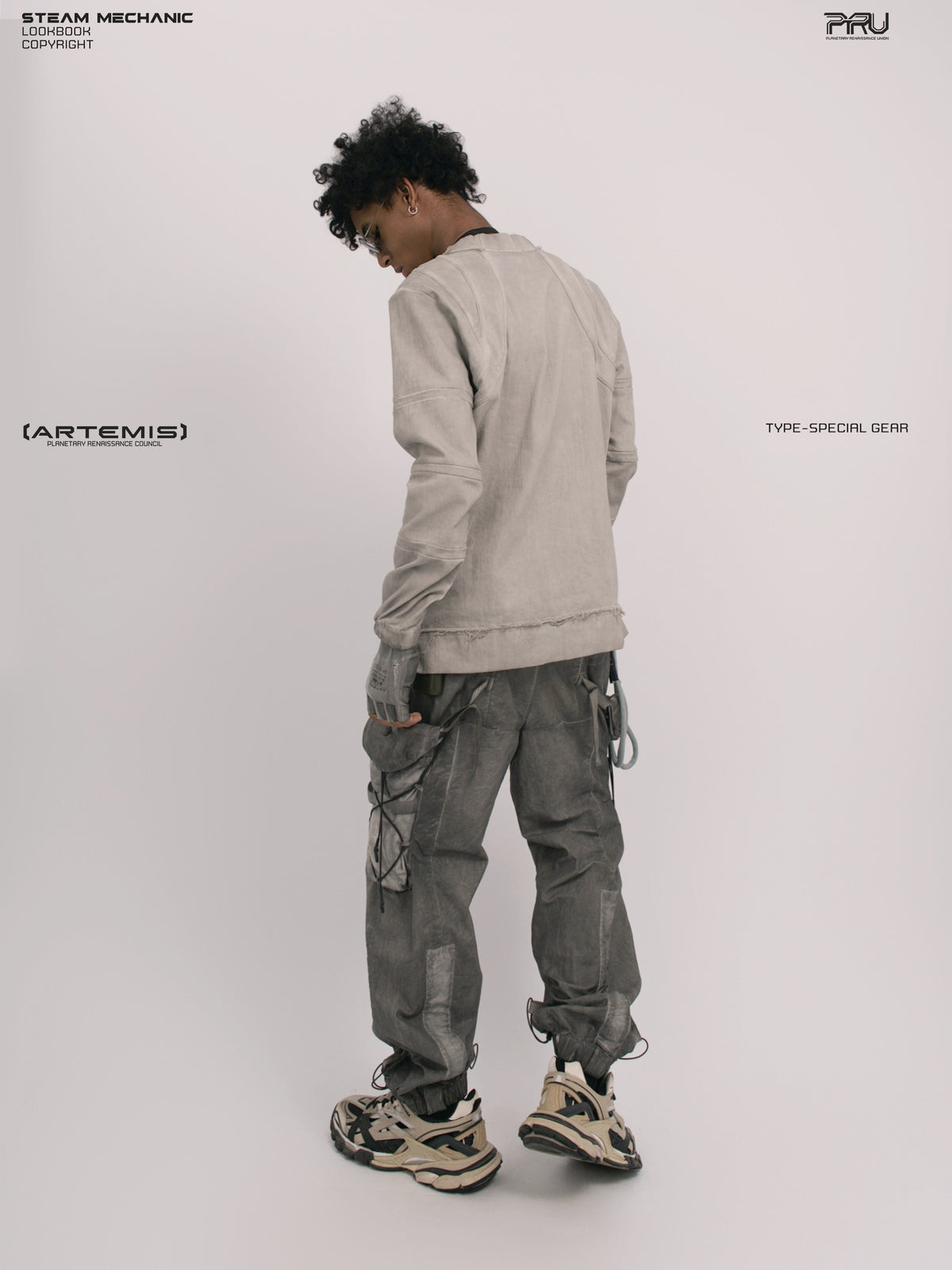 CHAOS ERA eris white raw-edge long-sleeve top — three-quarter rear modeled view looking left