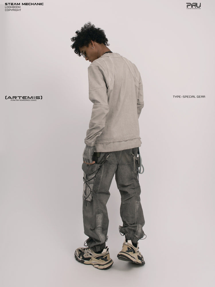 CHAOS ERA eris white raw-edge long-sleeve top — three-quarter rear modeled view looking left