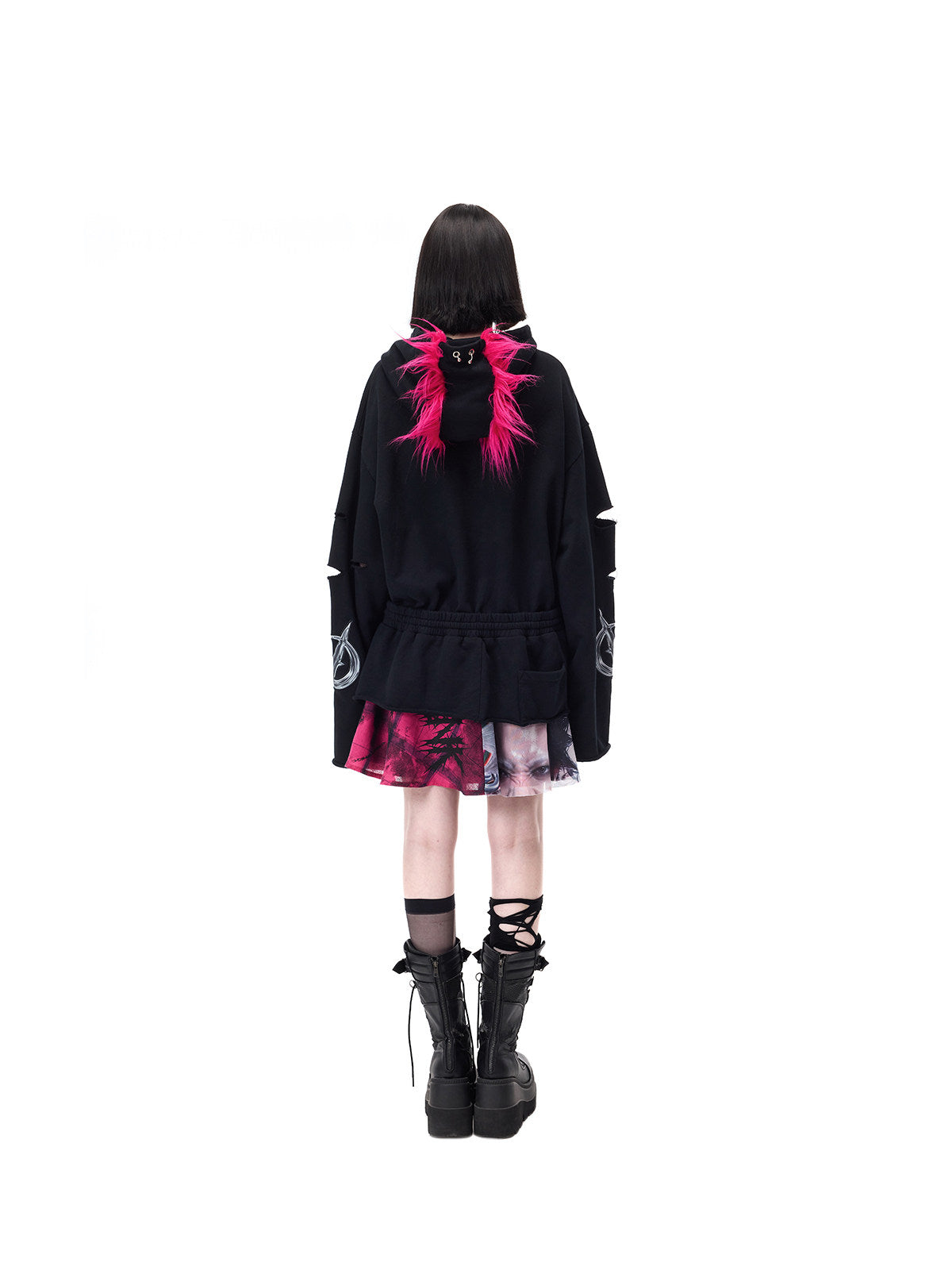 PINKSPINK MOHAWK RITUAL studded zip-up hoodie — back full-length view with skirt