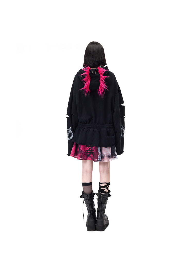PINKSPINK MOHAWK RITUAL studded zip-up hoodie — back full-length view with skirt