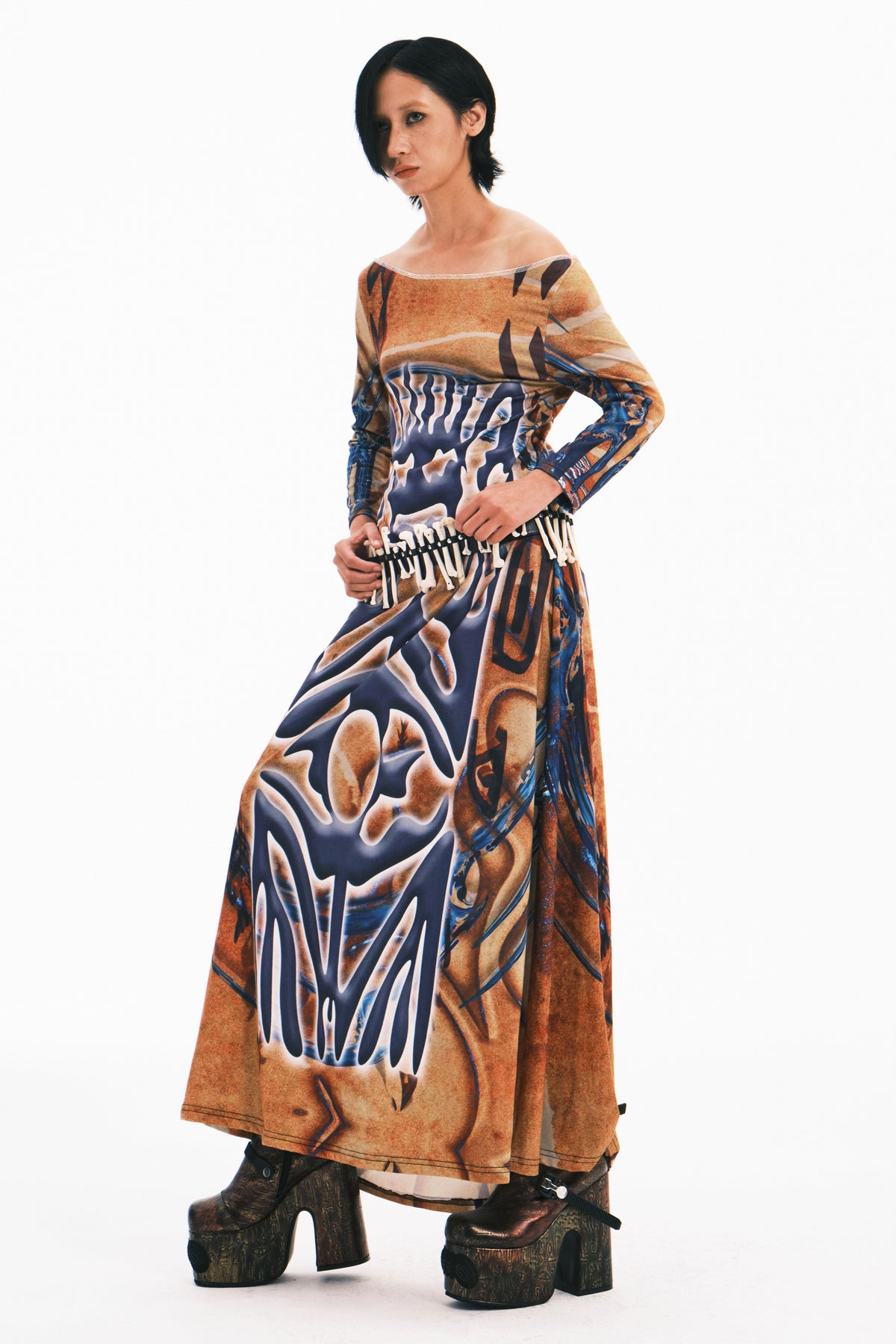 EMBRYO TRIBAL ENTITY off-shoulder maxi dress — rear modeled view