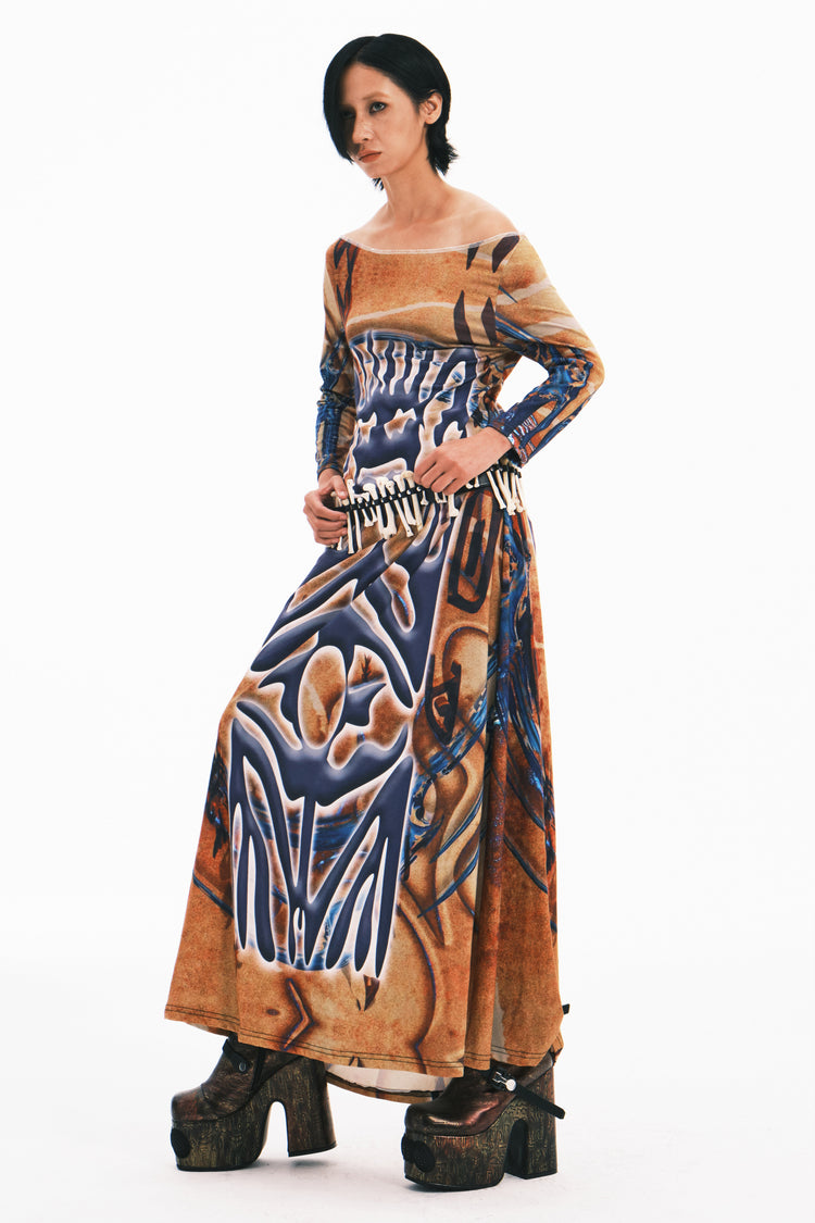 EMBRYO TRIBAL ENTITY off-shoulder maxi dress — rear modeled view