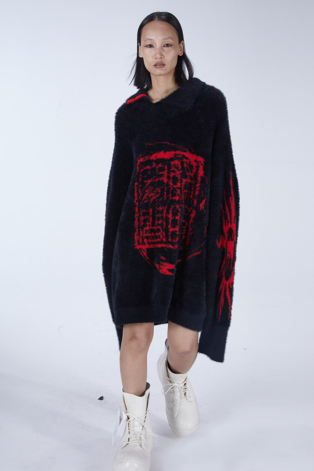 EMBRYO IMPERIAL SEAL reversible faux-mink sweater — full-length modeled view