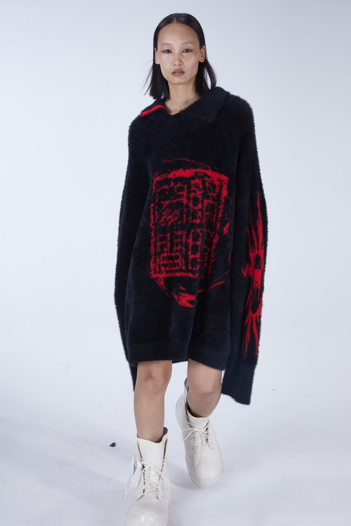 EMBRYO IMPERIAL SEAL reversible faux-mink sweater — full-length modeled view