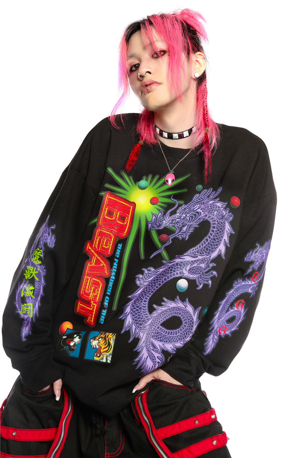 DEADENDKIDS DRAGON PUNK graphic sweatshirt — close modeled view
