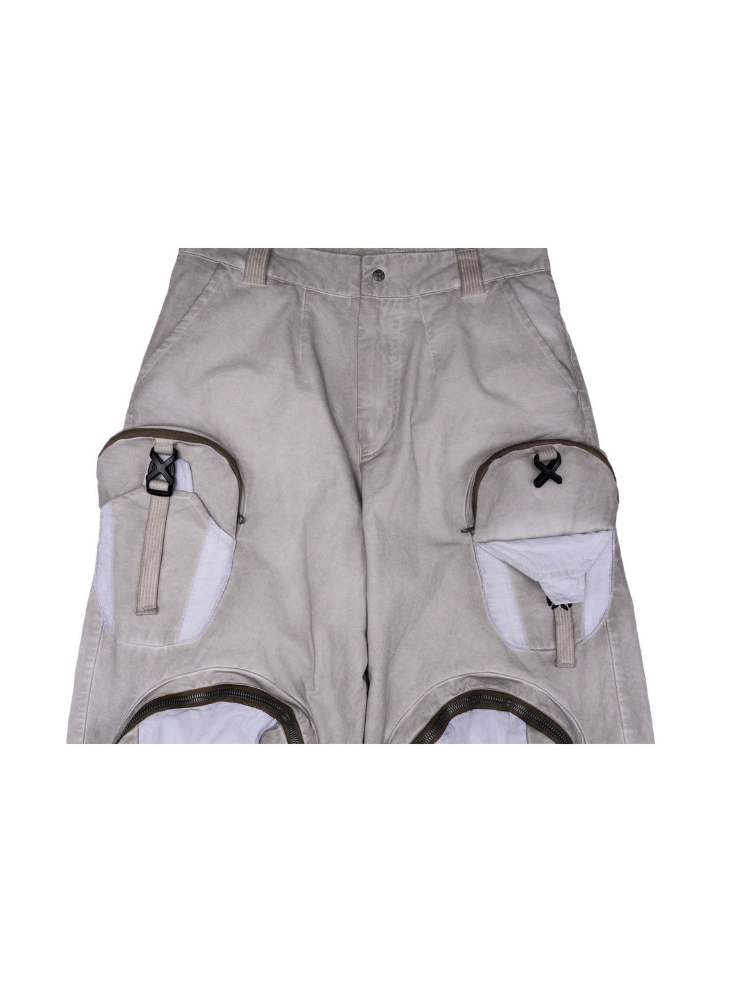 PIONEER eris white welded multi-pocket work pants — garment detail showing a folded thigh pouch and adjustable buckle strap