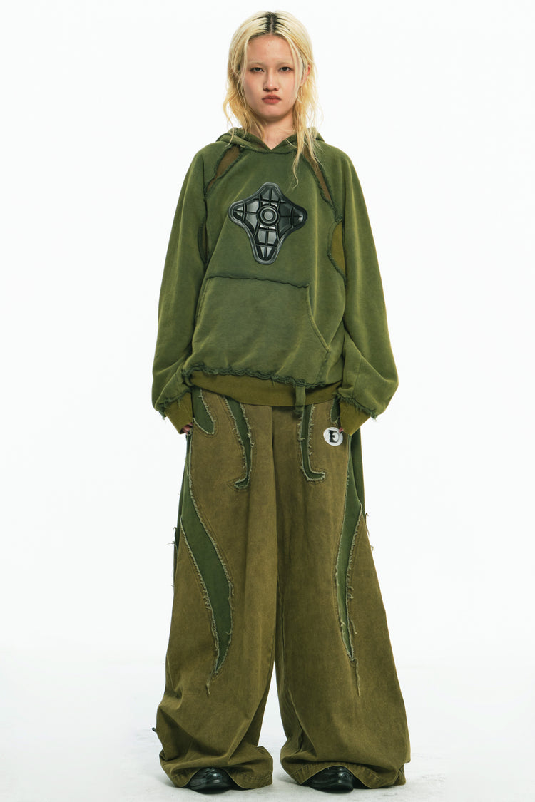 EMBRYO GREEN GUARD distressed armor hoodie — full-length modeled view