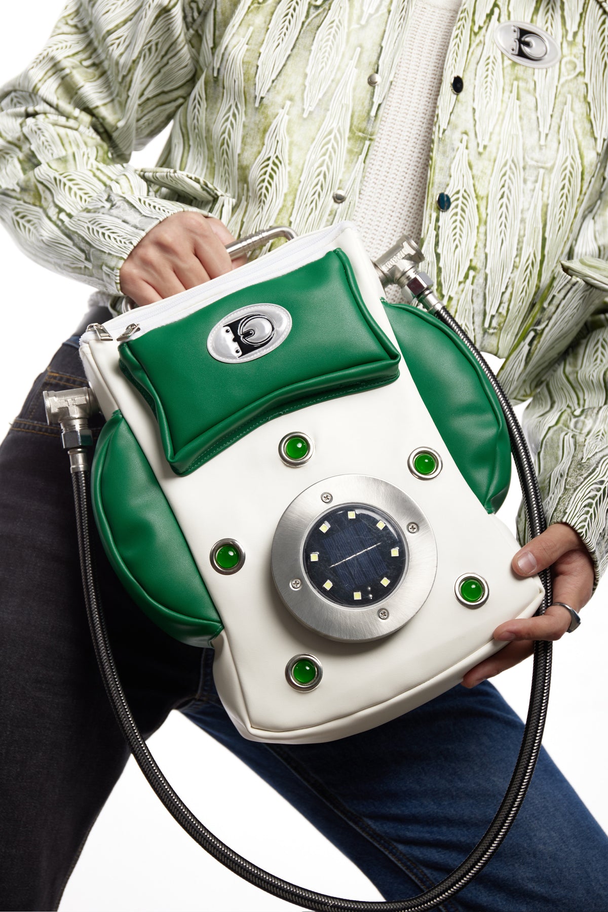 EMBRYO SOLAR PHONE sculptural crossbody bag — rear or construction presentation