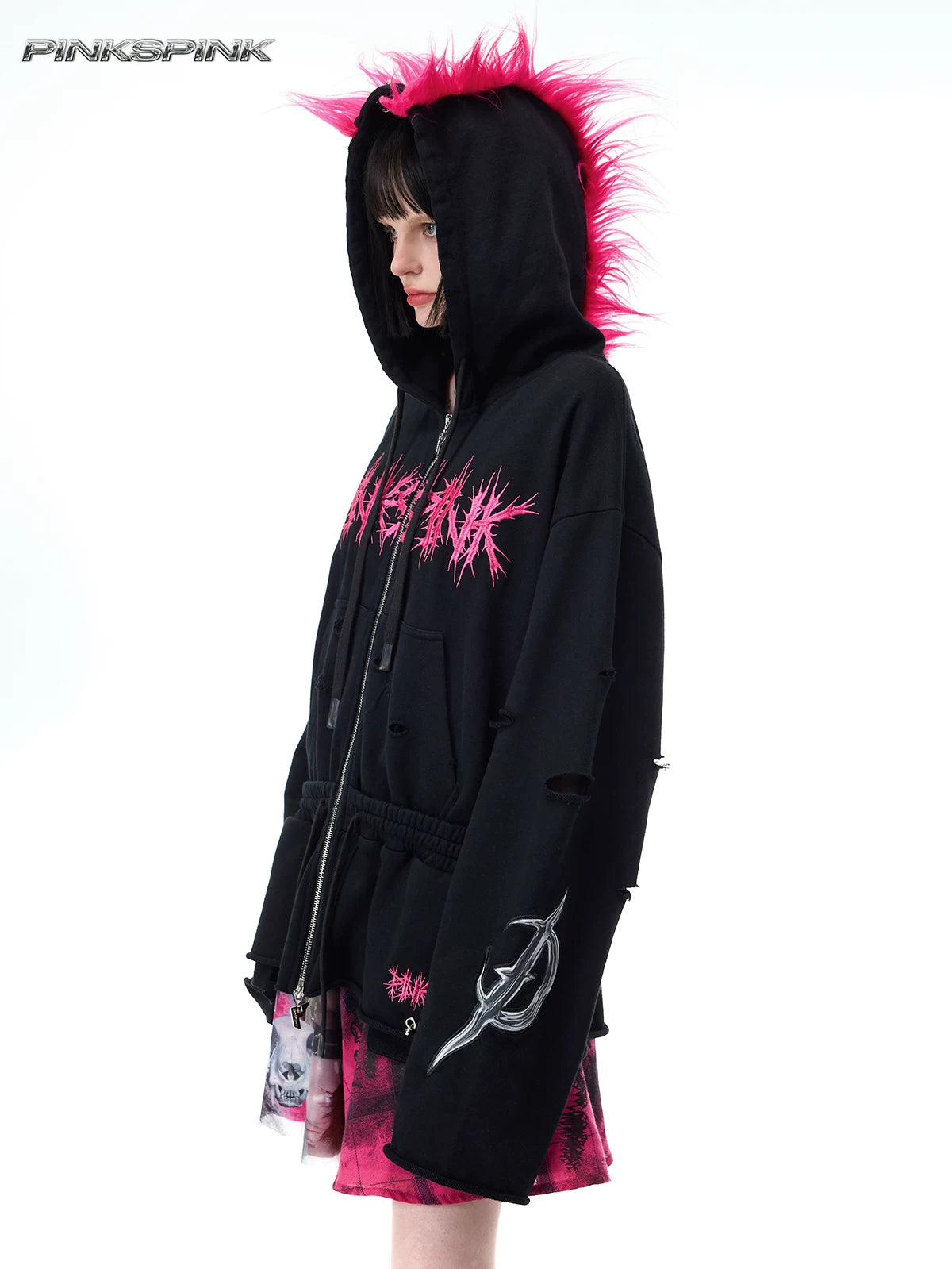 PINKSPINK MOHAWK RITUAL studded zip-up hoodie — side modeled view with pink mohawk hood raised