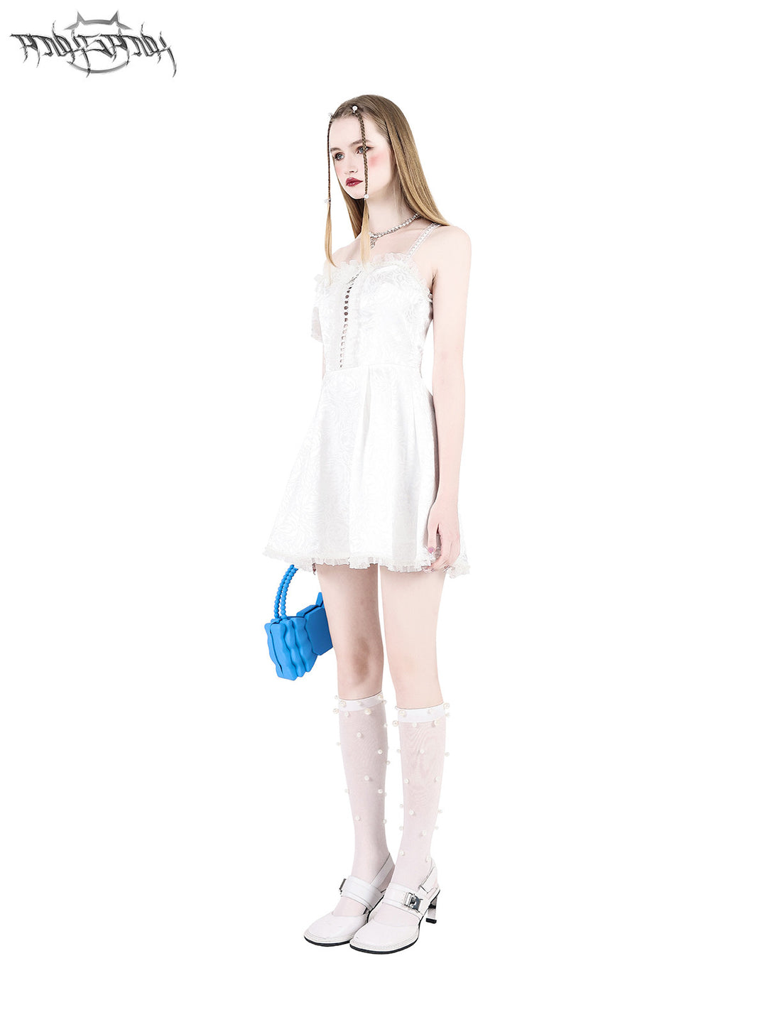 PINKSPINK FAIRY pearl-trim asymmetric mini dress — side full-length modeled view showing the flared skirt