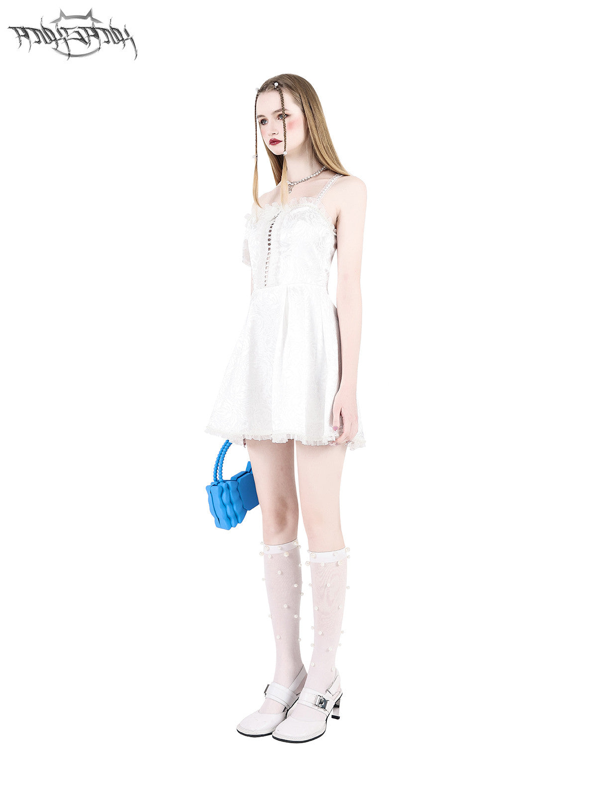 PINKSPINK FAIRY pearl-trim asymmetric mini dress — side full-length modeled view showing the flared skirt