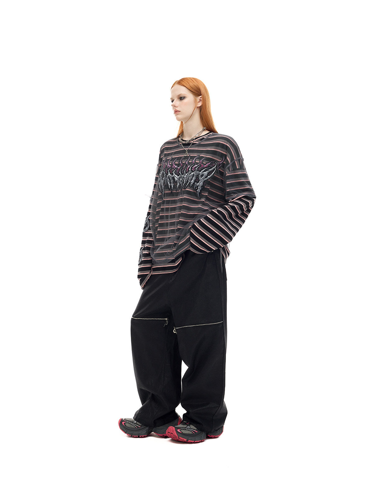 PINKSPINK ELECTRIC MOON striped mesh-overlay two-piece tee in black pink — front full-length modeled view without a hat