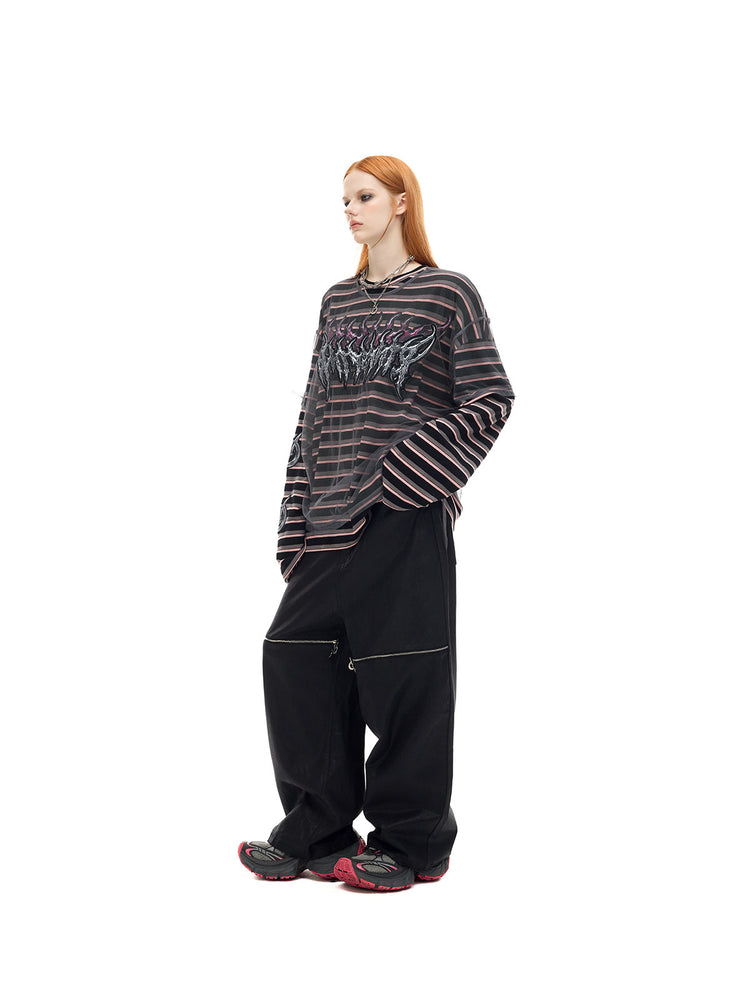 PINKSPINK ELECTRIC MOON striped mesh-overlay two-piece tee in black pink — front full-length modeled view without a hat