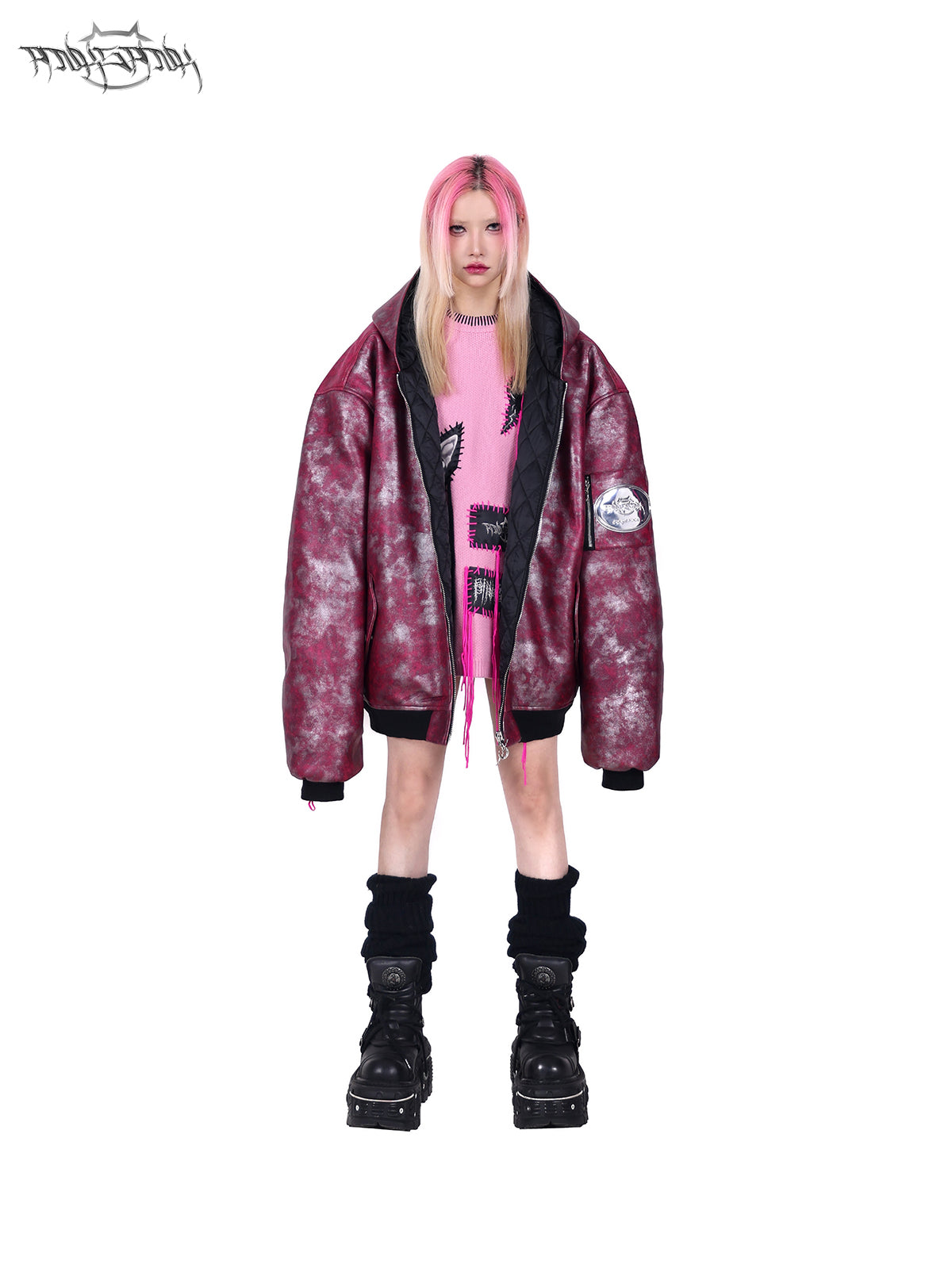 PINKSPINK COCKSCOMB mohawk padded jacket in PINK — hood-down full-body front view.