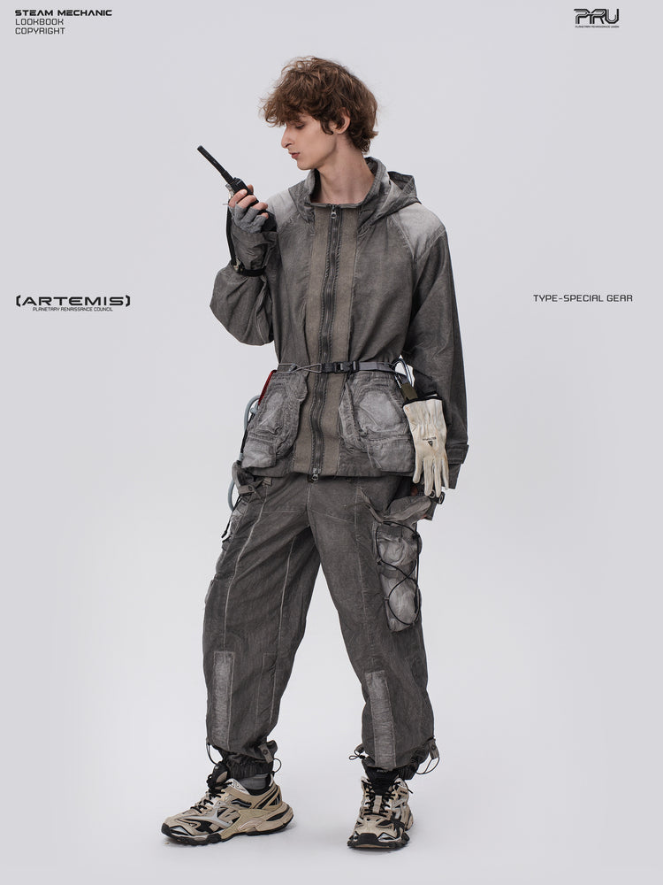 STARCORE meteor gray distressed work jacket — full-length front view holding a radio