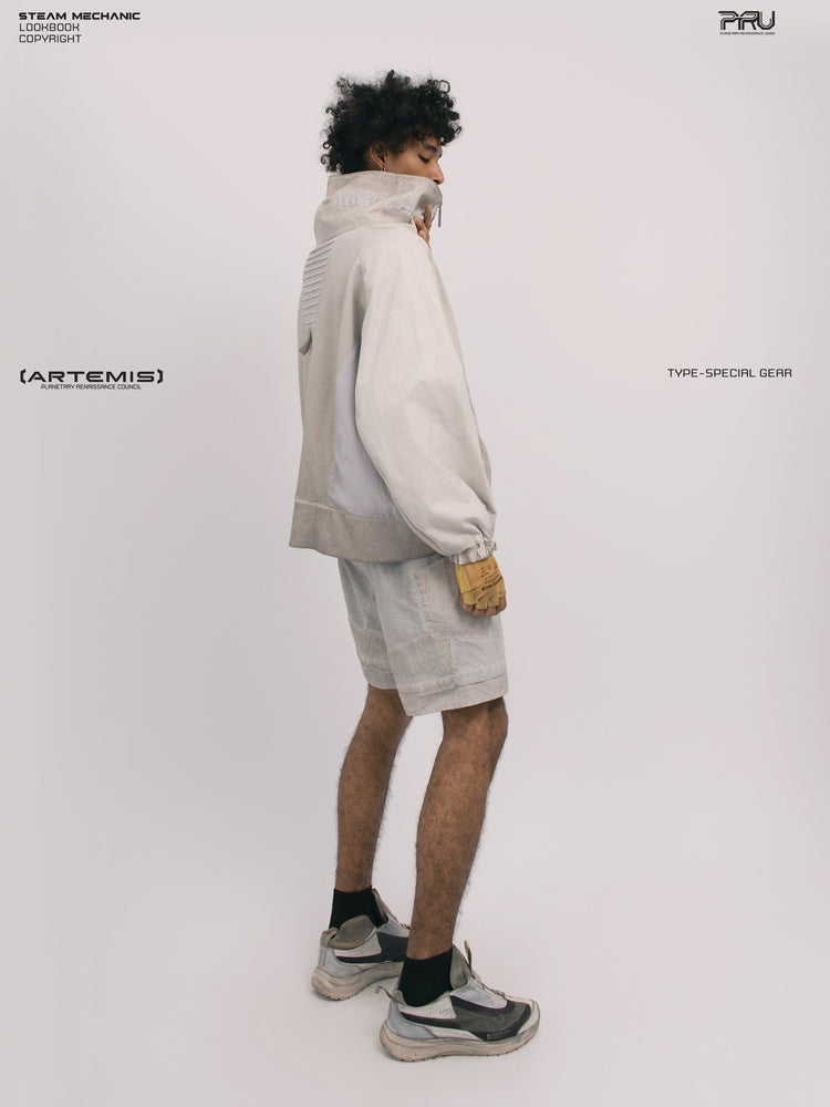 PIONEER eris white detachable-pocket utility hoodie — side and rear modeled view with the collar raised