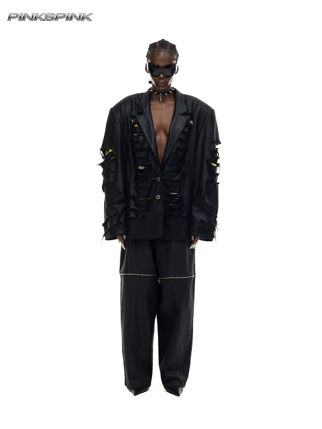 PINKSPINK BREACH distressed coated oversized blazer in black — full-length front modeled view buttoned over separate wide-leg trousers