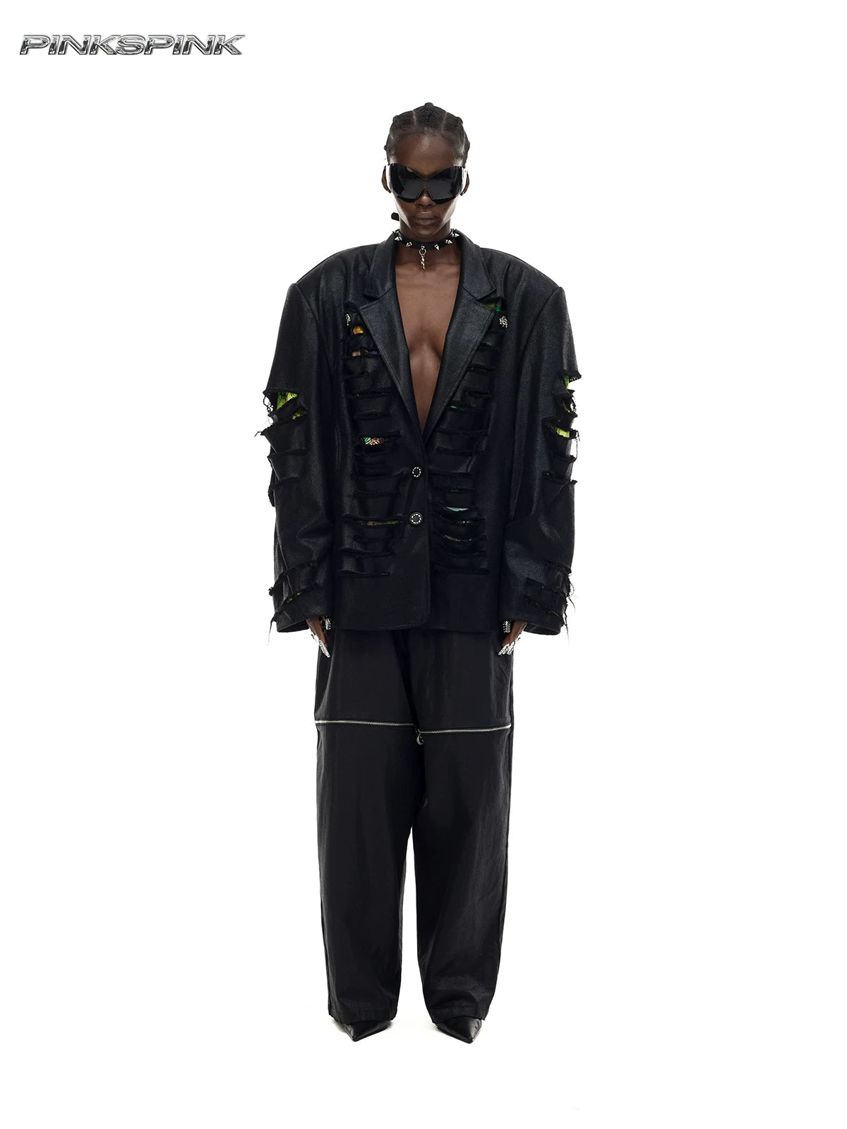 PINKSPINK BREACH distressed coated oversized blazer in black — full-length front modeled view buttoned over separate wide-leg trousers