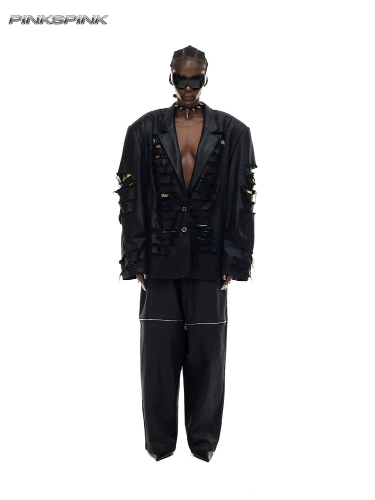 PINKSPINK BREACH distressed coated oversized blazer in black — full-length front modeled view buttoned over separate wide-leg trousers