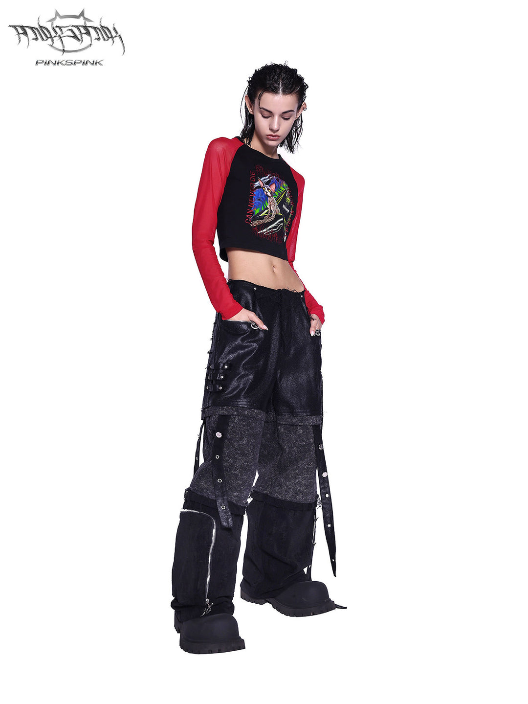 PINKSPINK SPHYNX red mesh-sleeve cropped graphic tee — black and red cropped tee — front view showing cropped hem