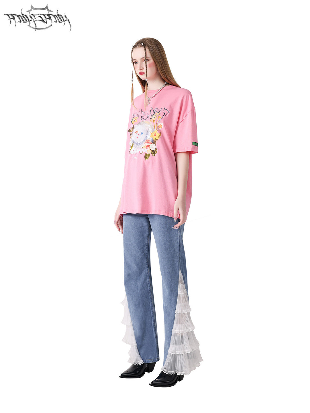 PINKSPINK GARFIELD oversized graphic tee — pink side modeled view styled with jeans