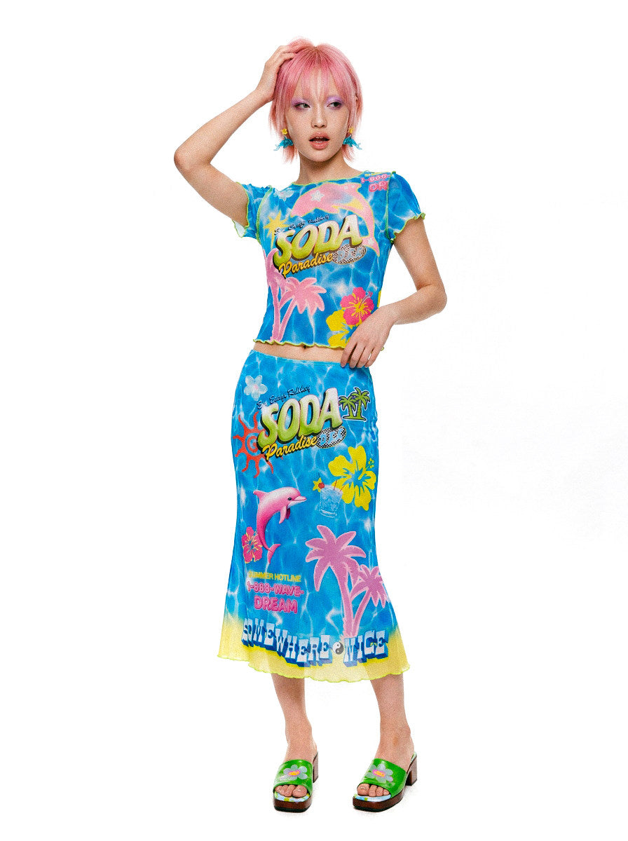 DEADENDKIDS SODA PARADISE mesh top & fishtail skirt — rear modeled view