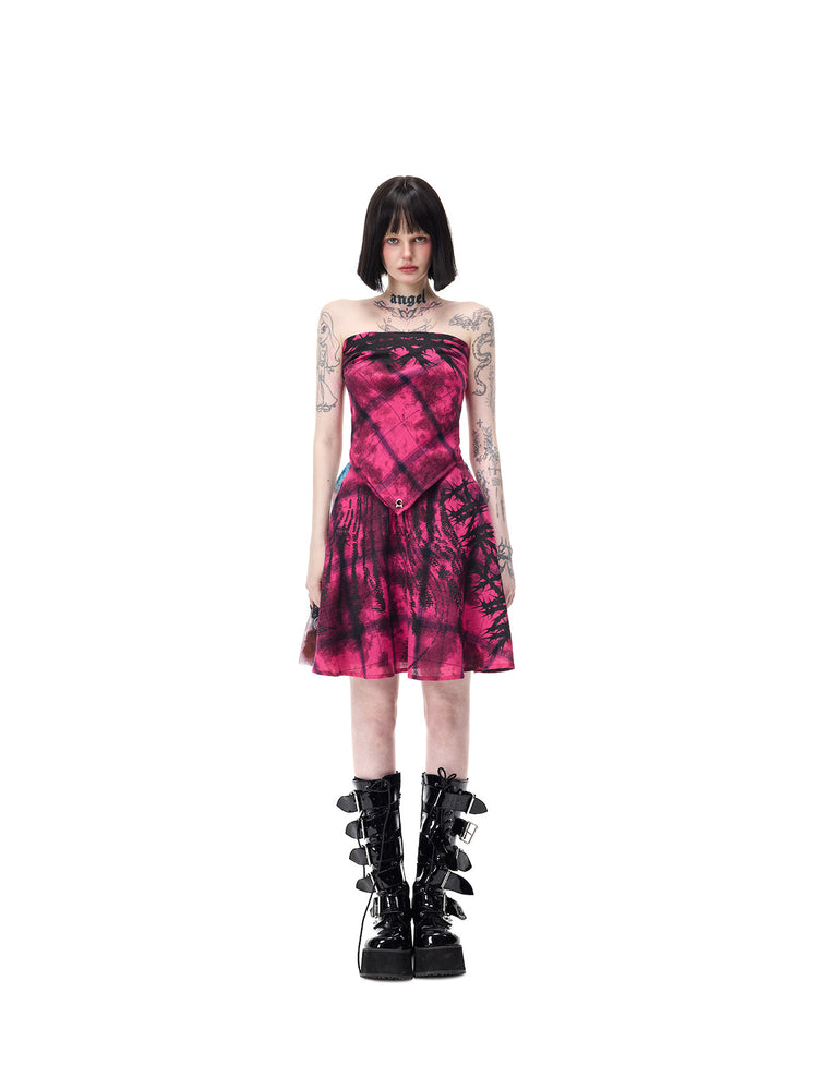 PINKSPINK FUTURE PORTRAIT reversible graphic mini skirt in black and pink — centered full-length front modeled view of the plaid panel with a separate bandana top