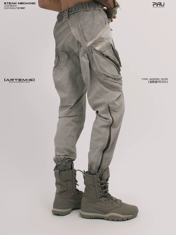 AEGIS lunar sea gray multi-pocket moto pants — rear modeled view