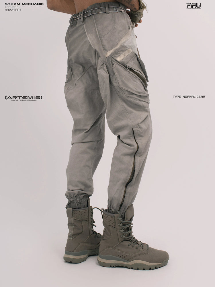 AEGIS lunar sea gray multi-pocket moto pants — rear three-quarter modeled view showing the right cargo pocket