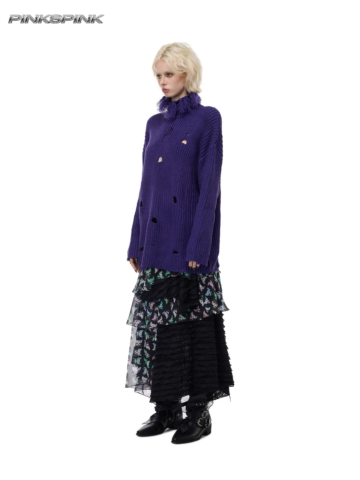 PINKSPINK ELECTRIC MOON distressed high-neck sweater — purple full-length three-quarter view