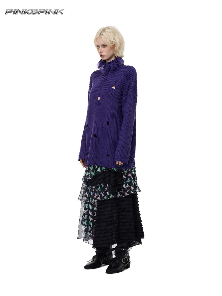 PINKSPINK ELECTRIC MOON distressed high-neck sweater — purple full-length three-quarter view