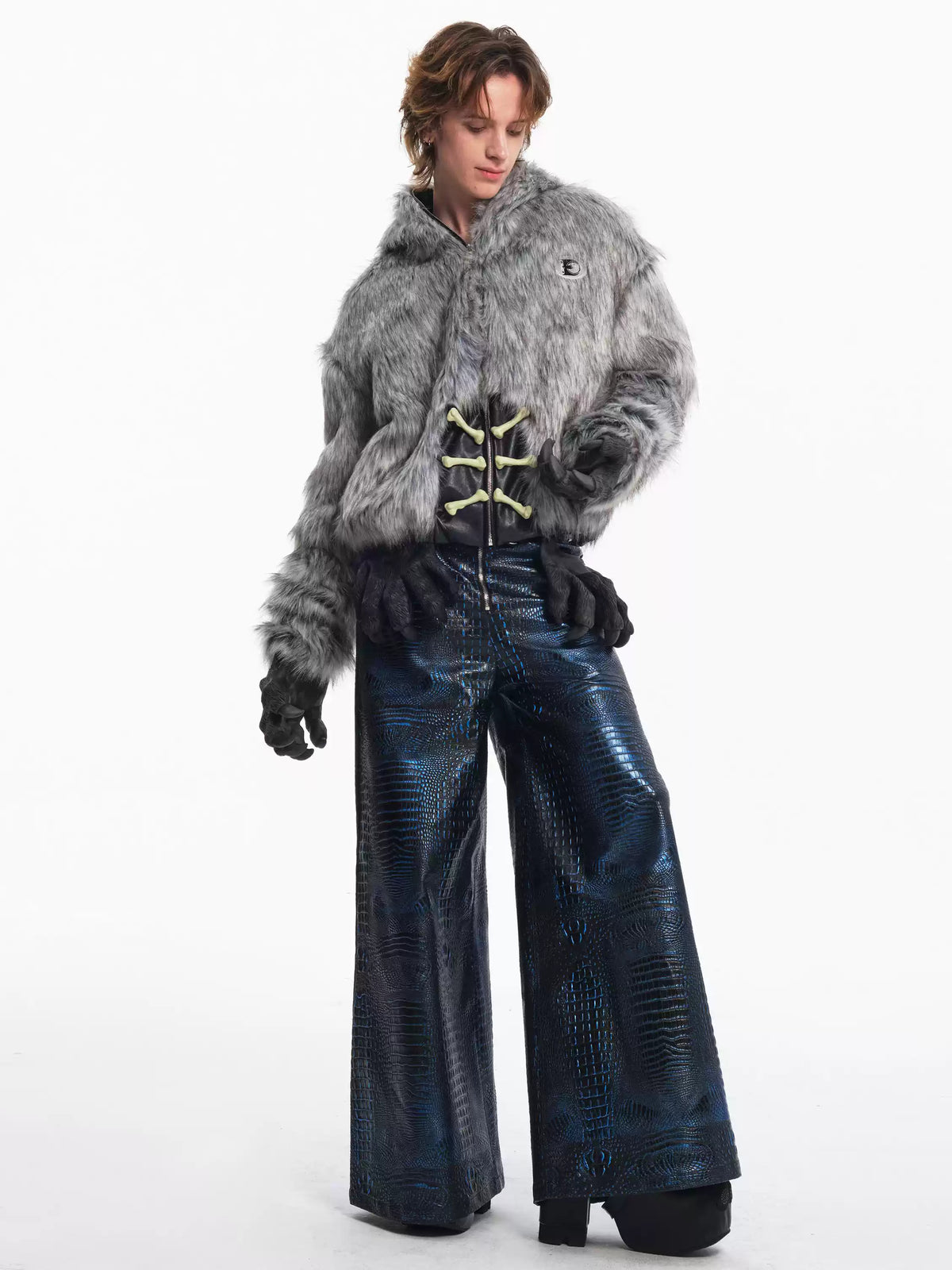 EMBRYO CLAW ARMOR crocodile-effect wide-leg pants — full-length modeled view