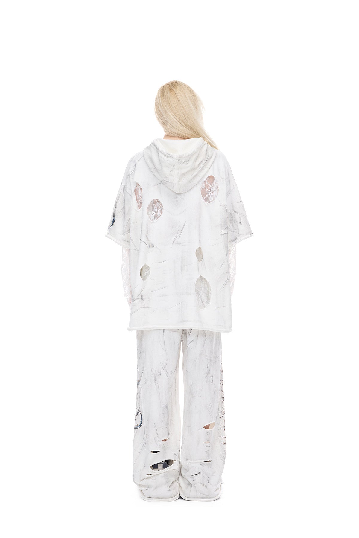PINKSPINK ELECTRIC MOON coated distressed hoodie — close modeled view highlighting the construction