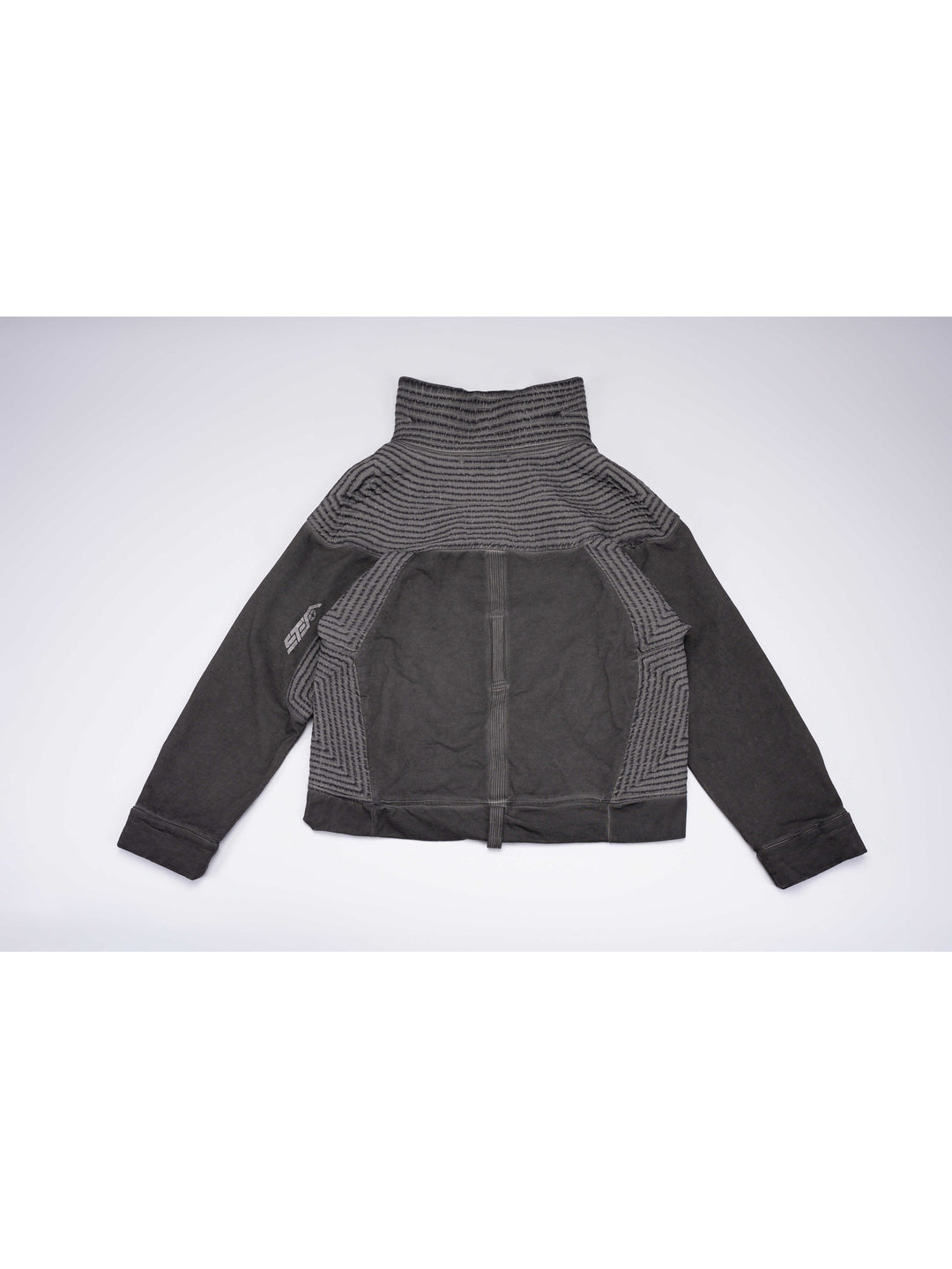 PIONEER moon dust gray distressed protection zip jacket — back flat-lay view showing textured yoke and central webbing loop