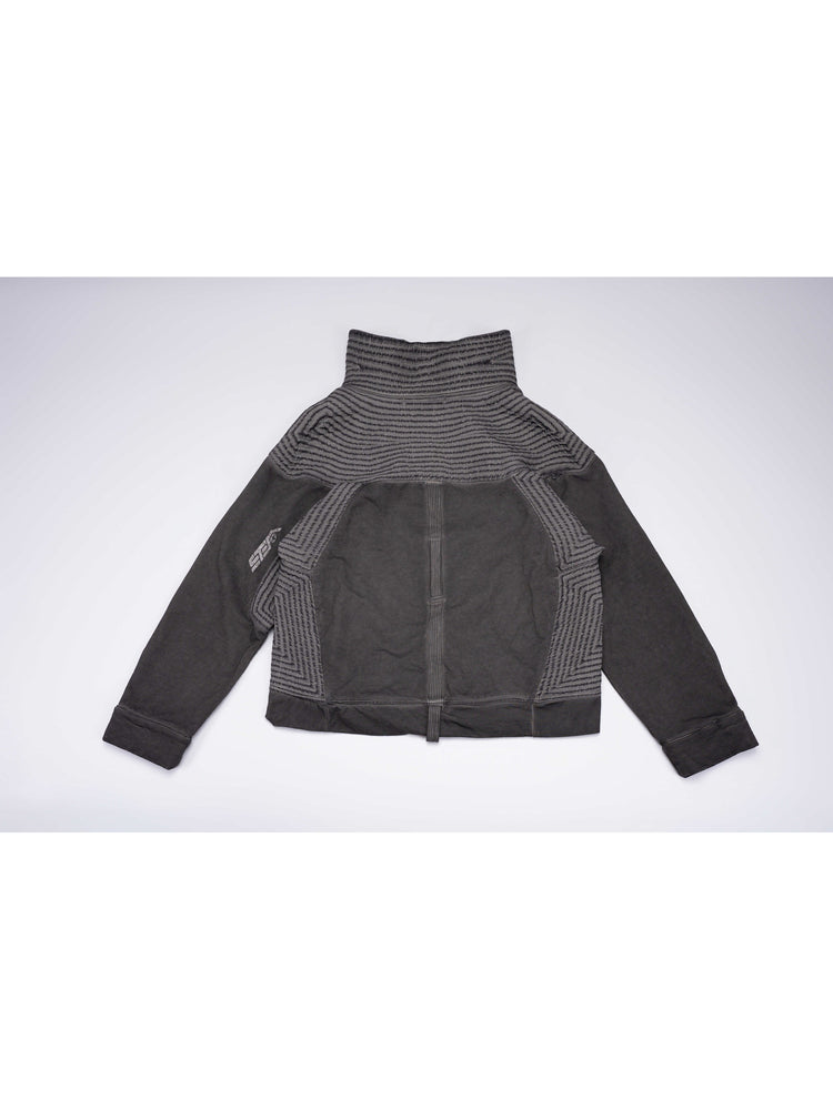 PIONEER moon dust gray distressed protection zip jacket — back flat-lay view showing textured yoke and central webbing loop