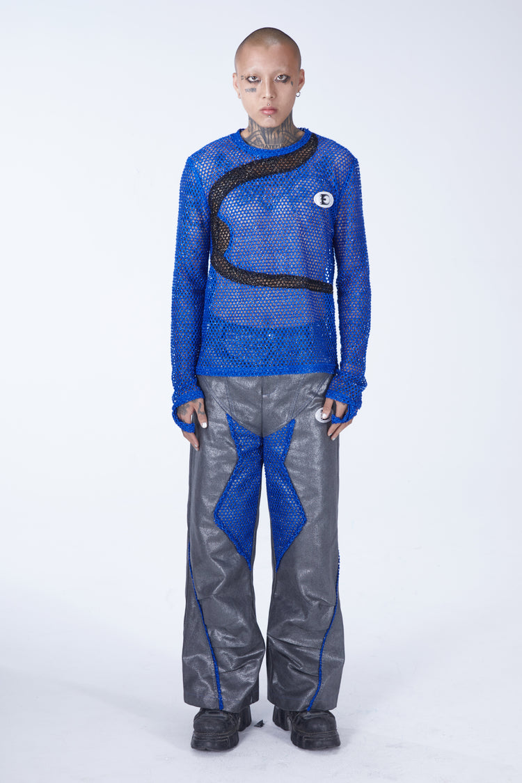 EMBRYO BLUE VOID cutout mesh finger-sleeve top — close modeled styling view