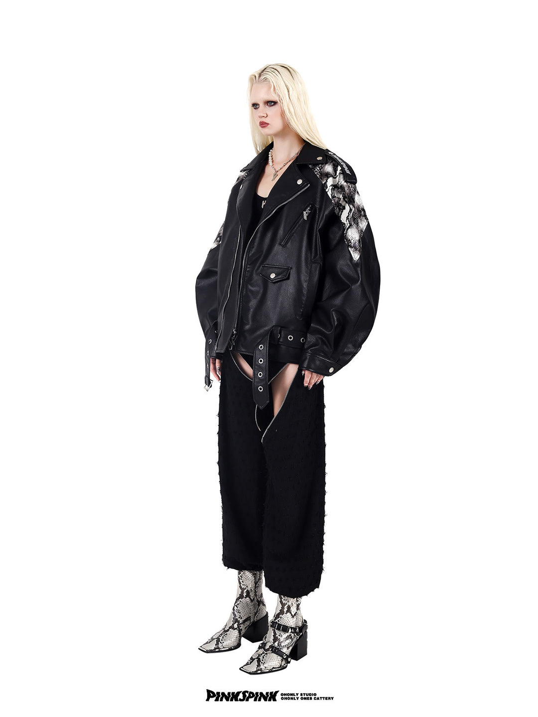 PINKSPINK COBRA snake-print faux-leather moto jacket — black full-length angled modeled view showing the broad lapels and oversized sleeves