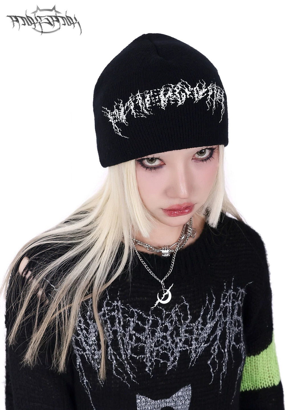 PINKSPINK GALAXY LIGHTNING logo knit beanie — cleaned hero collage showing the complete design