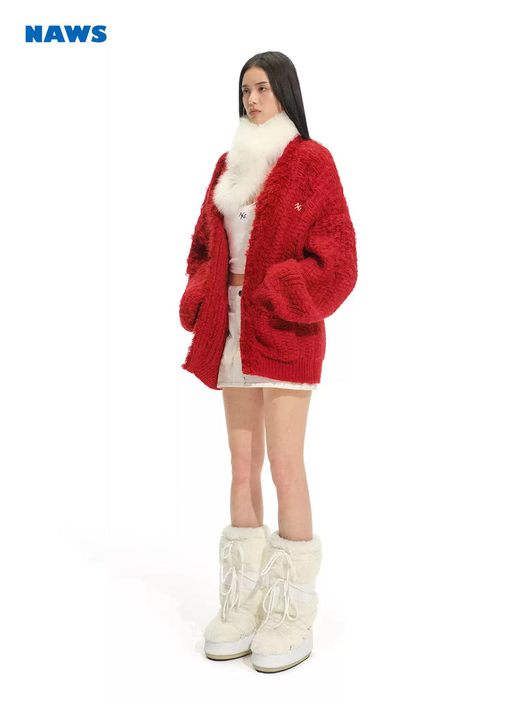 NAWS ARCTIC shearling-collar wool-mohair cardigan — close modeled view highlighting the construction