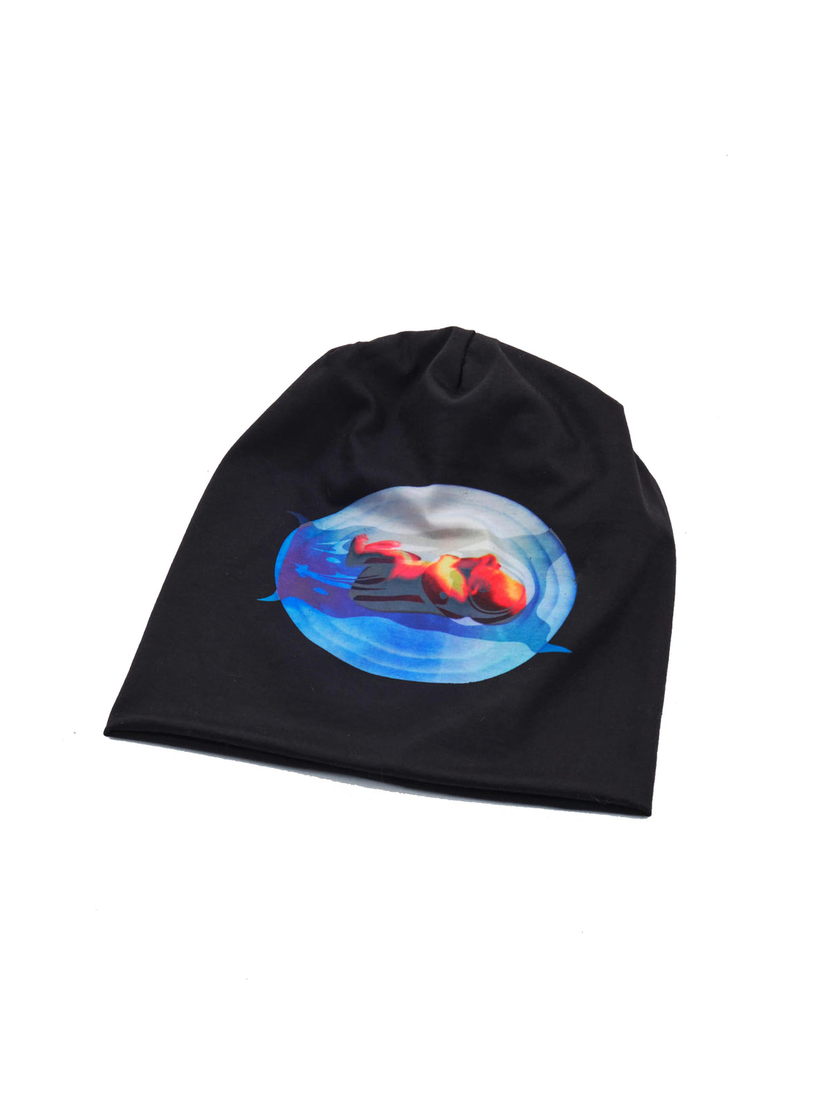 EMBRYO PLAN black graphic slouch beanie — rear modeled view