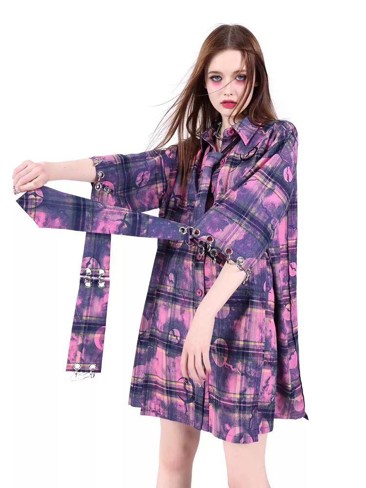 PINKSPINK ELECTRIC MOON wasteland plaid extra-long tie — modeled front styling view