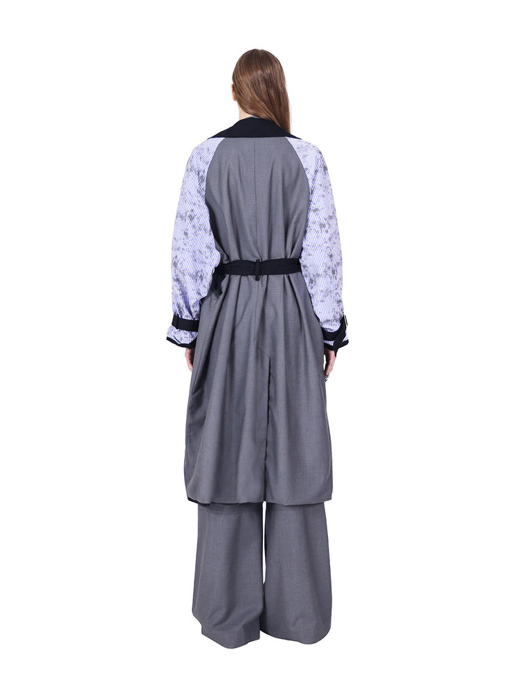 PINKSPINK ELECTRIC MOON reversible patchwork trench coat in black and gray — rear reverse counterpart to gallery image two